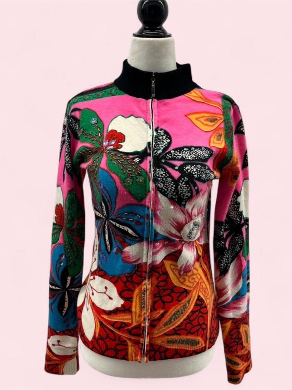Custo Barcelona multicoloured sequin & beaded floral zip up sweater